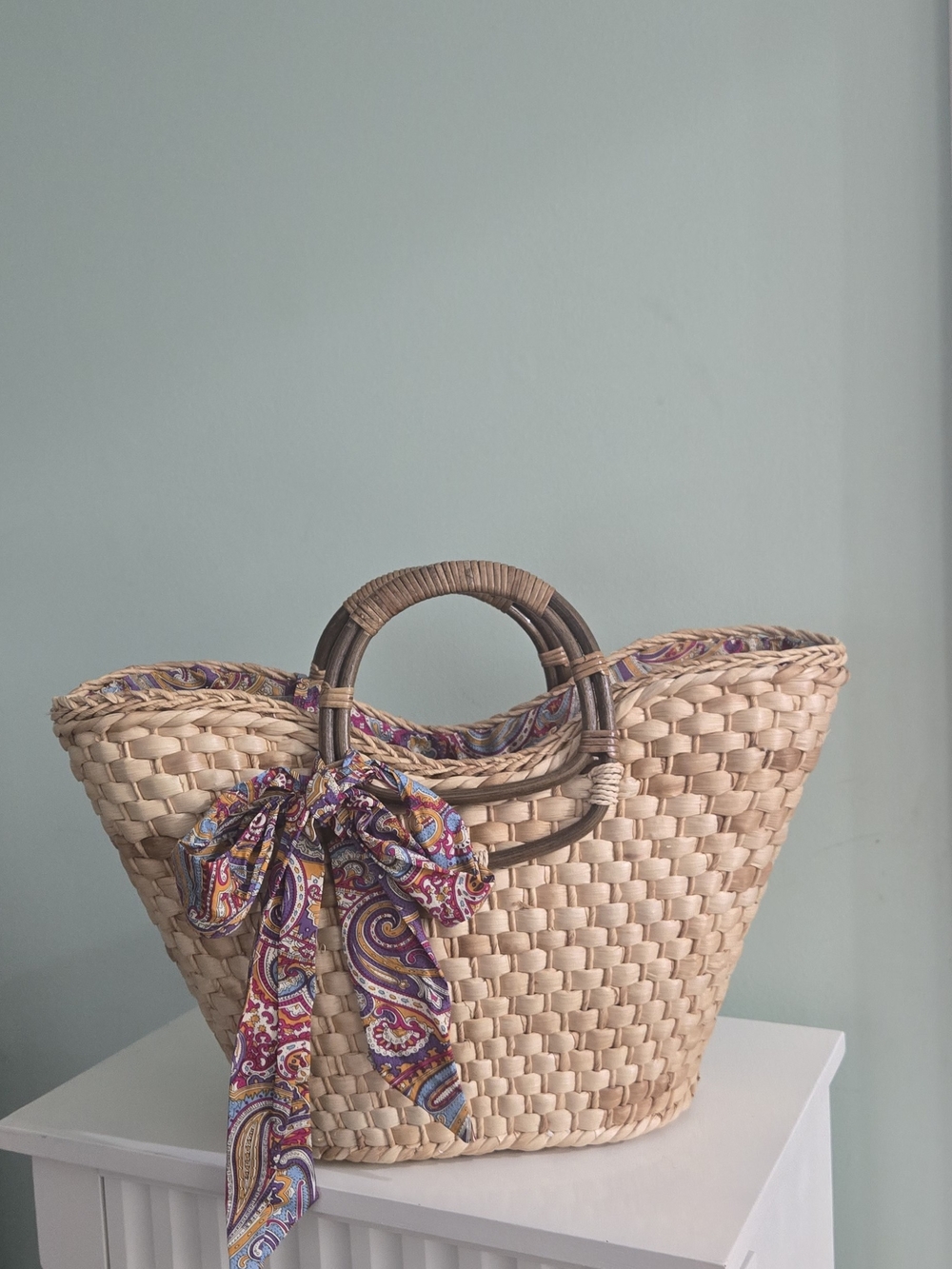 Woven Straw Tote Bag with Paisley Scarf Accent - Natural